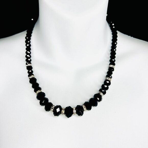 Glamorous Necklace Glass Black Faceted Graduated Beads Rhinestone Gold Tone 4403 - Picture 2 of 13